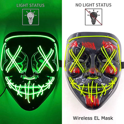 Neon LED Halloween Purge Mask Wireless Masquerade Party Light-up Horror Mask Glowing Multicolor Full Face Adult Mask for Halloween