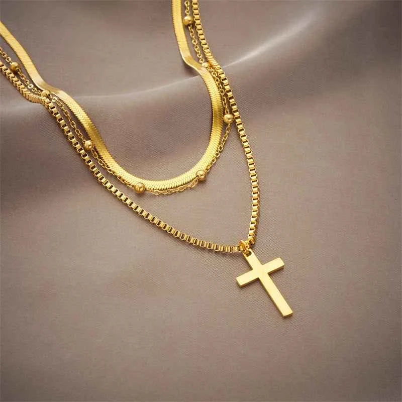 Stainless Steel Gold Color Cross Pendant Necklace
