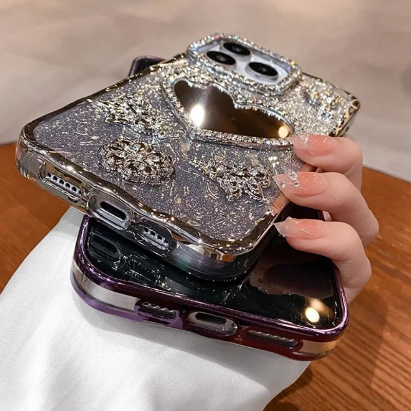 Bling Rhinestone Mirror Cover Case for iPhone 16 pro Max 15 plus Glitter Diamond Encrusted Butterfly Design Shockproof Anti-Knock