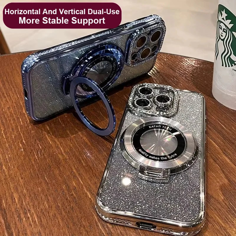 Glitter Diamond Luxury Plating Magsafe Stand Holder Soft Silicone Cover for iPhone Full Coverage Magnetic Case