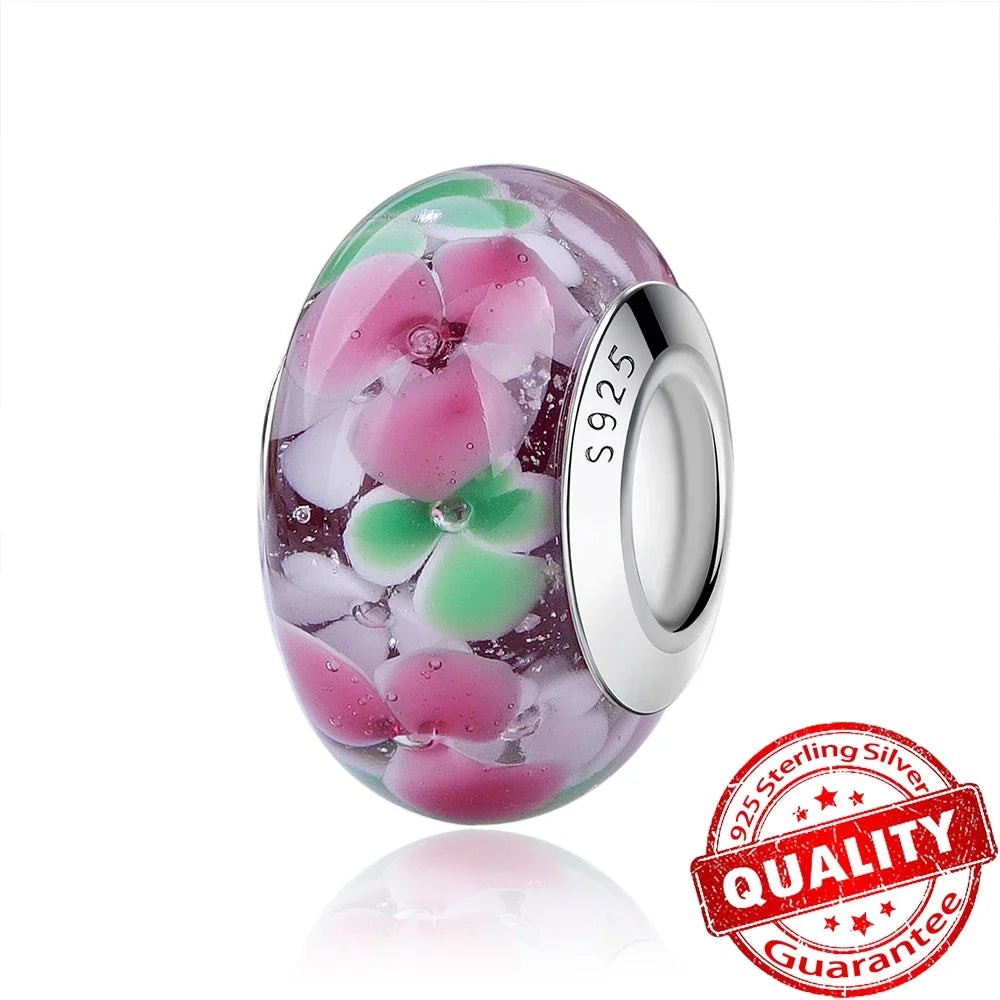 Colorful Flower Murano Glass Charm Fit Original Bracelet Necklace Heart Fine Jewelry