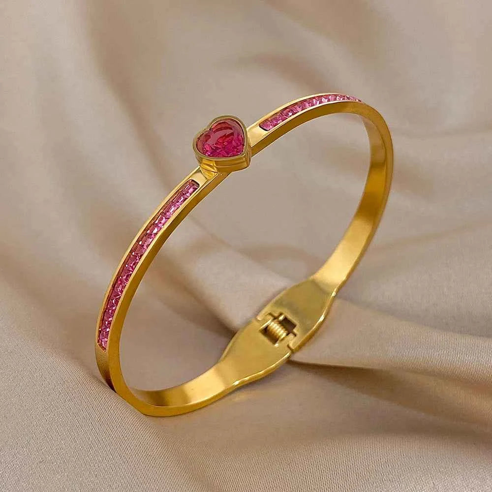 Pink Rhinestone Heart Charm Bracelet