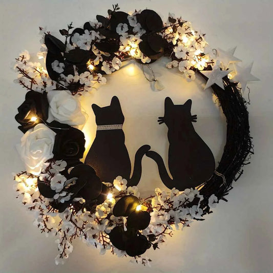 Black Cat Wreath Halloween Decor for Front Door/Window