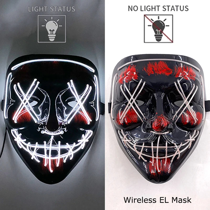 Neon LED Halloween Purge Mask Wireless Masquerade Party Light-up Horror Mask Glowing Multicolor Full Face Adult Mask for Halloween