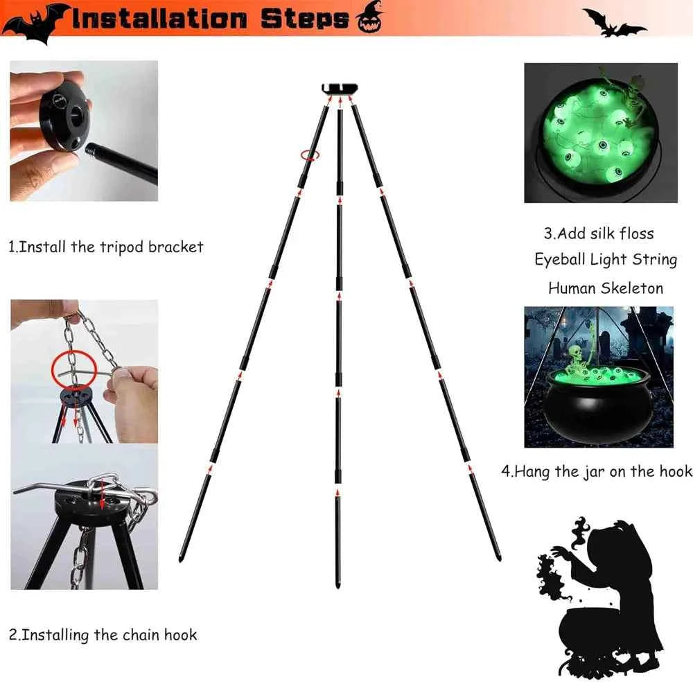 Halloween Witches Cauldron Decoration with Tripod Eyeballs String Lights And Skeleton for Yard Home Decor