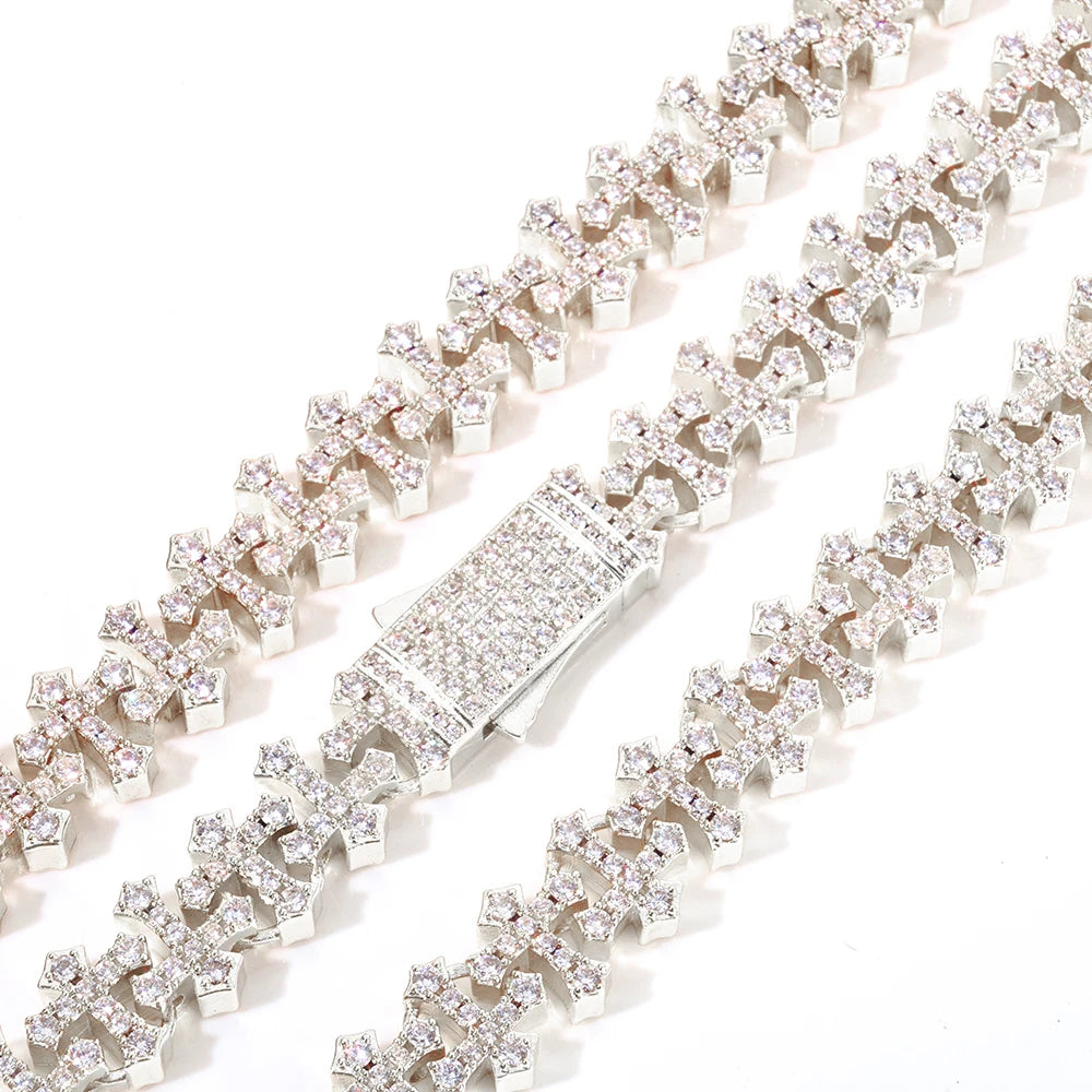 Iced Cross Chain Necklace Cubic Zirconia Spring Clasp Fashion Jewelry Gift