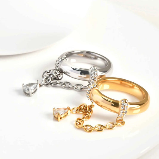 Stainless Steel 18k Gold Plated Tassel Drop Zircon Pendant Cz Stone Rings