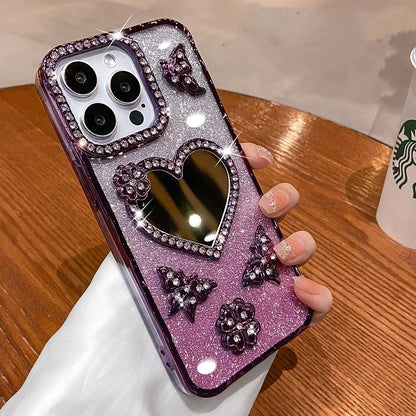 Bling Rhinestone Mirror Cover Case for iPhone 16 pro Max 15 plus Glitter Diamond Encrusted Butterfly Design Shockproof Anti-Knock