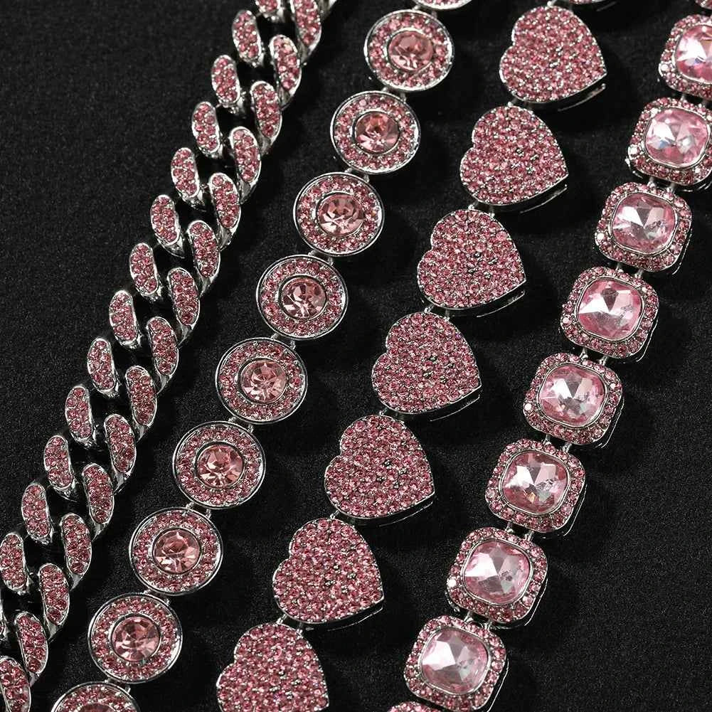 4 Pcs/Set Silver Pink Color Bracelets for Women 7/8 Inches Zinc Alloy Rhinestones Bracelets Set Heart/Round Shape Bracelets