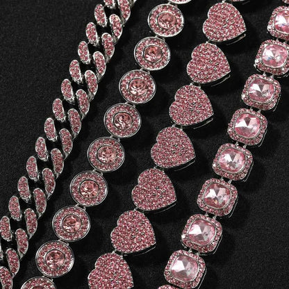 4 Pcs/Set Silver Pink Color Bracelets for Women 7/8 Inches Zinc Alloy Rhinestones Bracelets Set Heart/Round Shape Bracelets