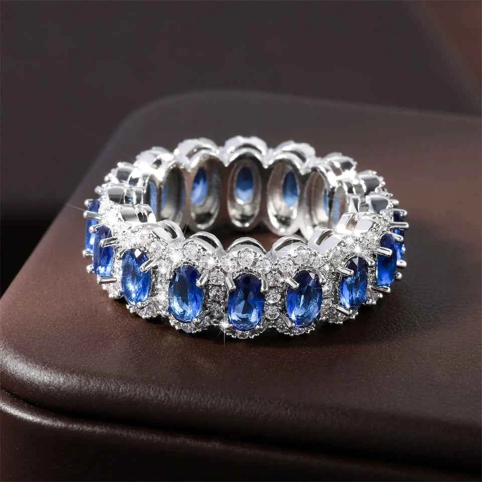 ZAKOL Shiny Blue White Cubic Zirconia Wedding Band Ring for Women Exquisite Engagement Party Jewelry Gift