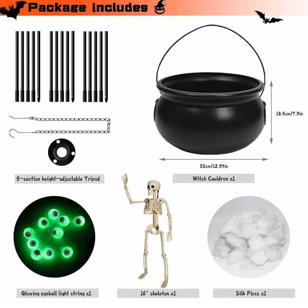 Halloween Witches Cauldron Decoration with Tripod Eyeballs String Lights And Skeleton for Yard Home Decor