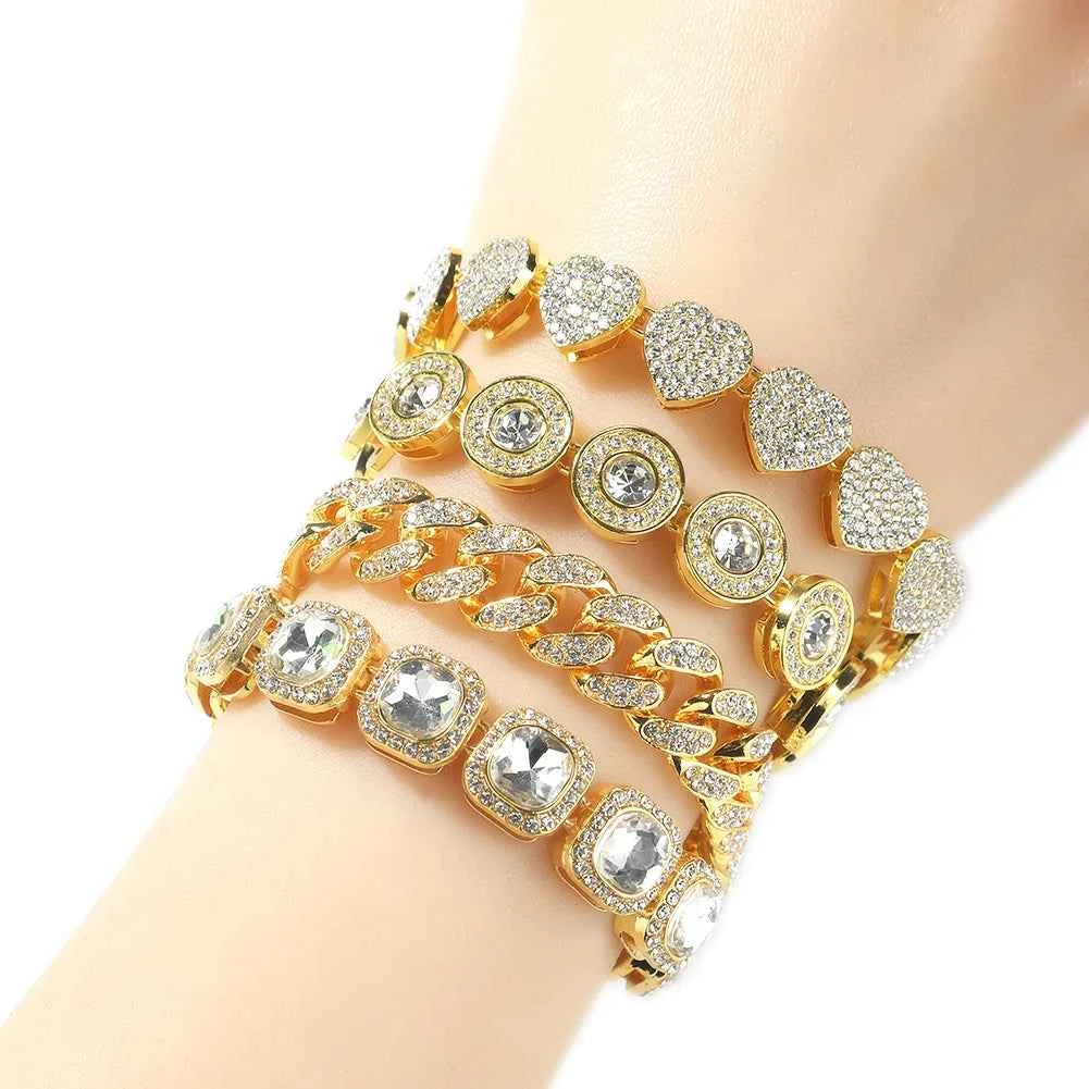 4 Pcs/Set Silver Pink Color Bracelets for Women 7/8 Inches Zinc Alloy Rhinestones Bracelets Set Heart/Round Shape Bracelets