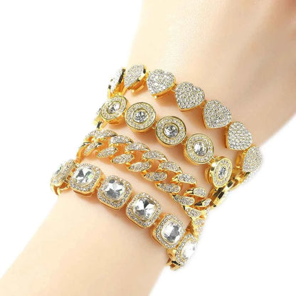 4 Pcs/Set Silver Pink Color Bracelets for Women 7/8 Inches Zinc Alloy Rhinestones Bracelets Set Heart/Round Shape Bracelets