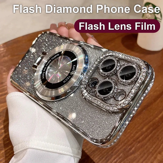Glitter Diamond Luxury Plating Magsafe Stand Holder Soft Silicone Cover for iPhone Full Coverage Magnetic Case
