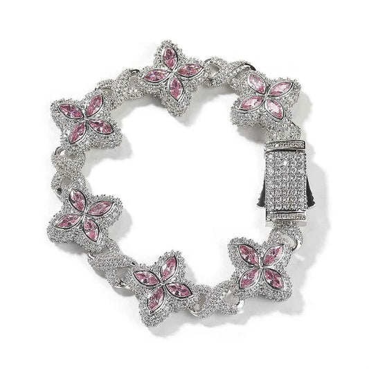 THE BLING KING Iced Out Floral Colored Bracelet For Women 19MM Width Pink Zirconia Clover Infinity Link Chain Lovely Jewelry