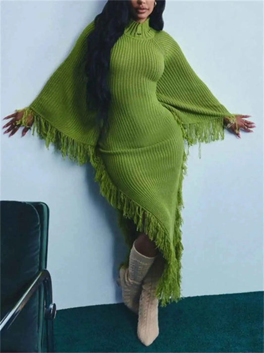 Fringe Trim Batwing Sweater Dress