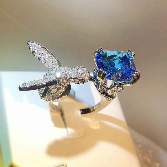 Creative Colored Gemstone Women Aquamarine Hummingbird Ring 925