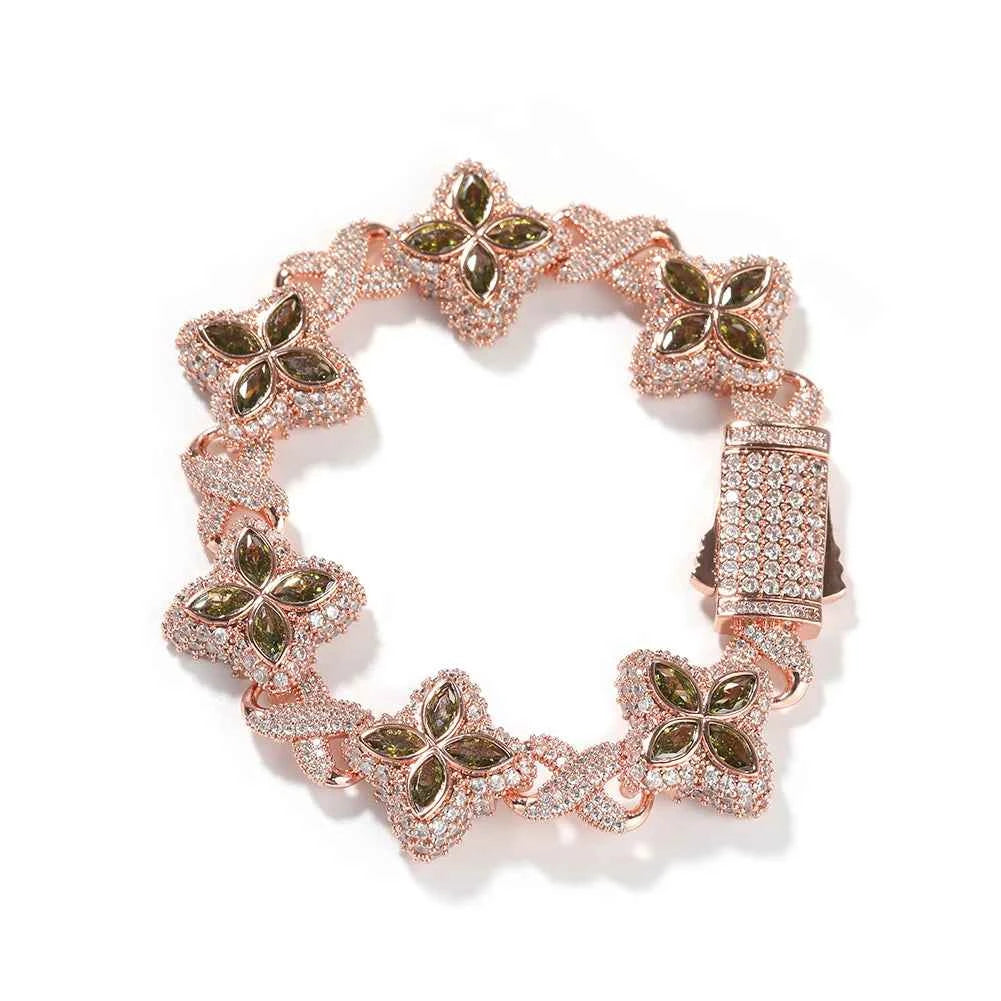2 Tone Black and Clear Baguettecz Floral Bracelets with Infinity Chain Iced Cuban Link Chain