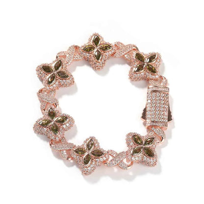 2 Tone Black and Clear Baguettecz Floral Bracelets with Infinity Chain Iced Cuban Link Chain