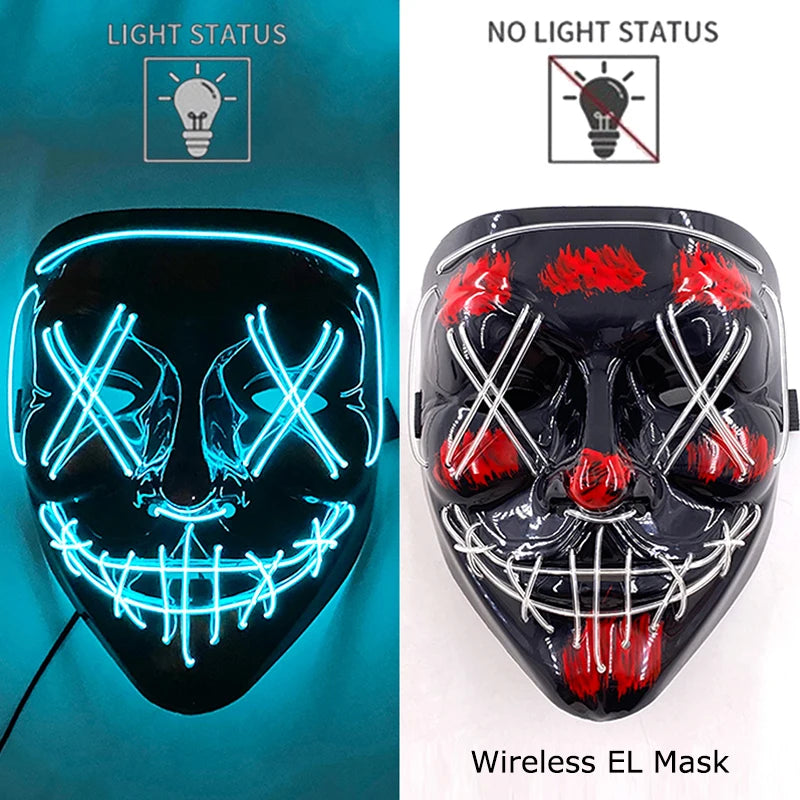 Neon LED Halloween Purge Mask Wireless Masquerade Party Light-up Horror Mask Glowing Multicolor Full Face Adult Mask for Halloween
