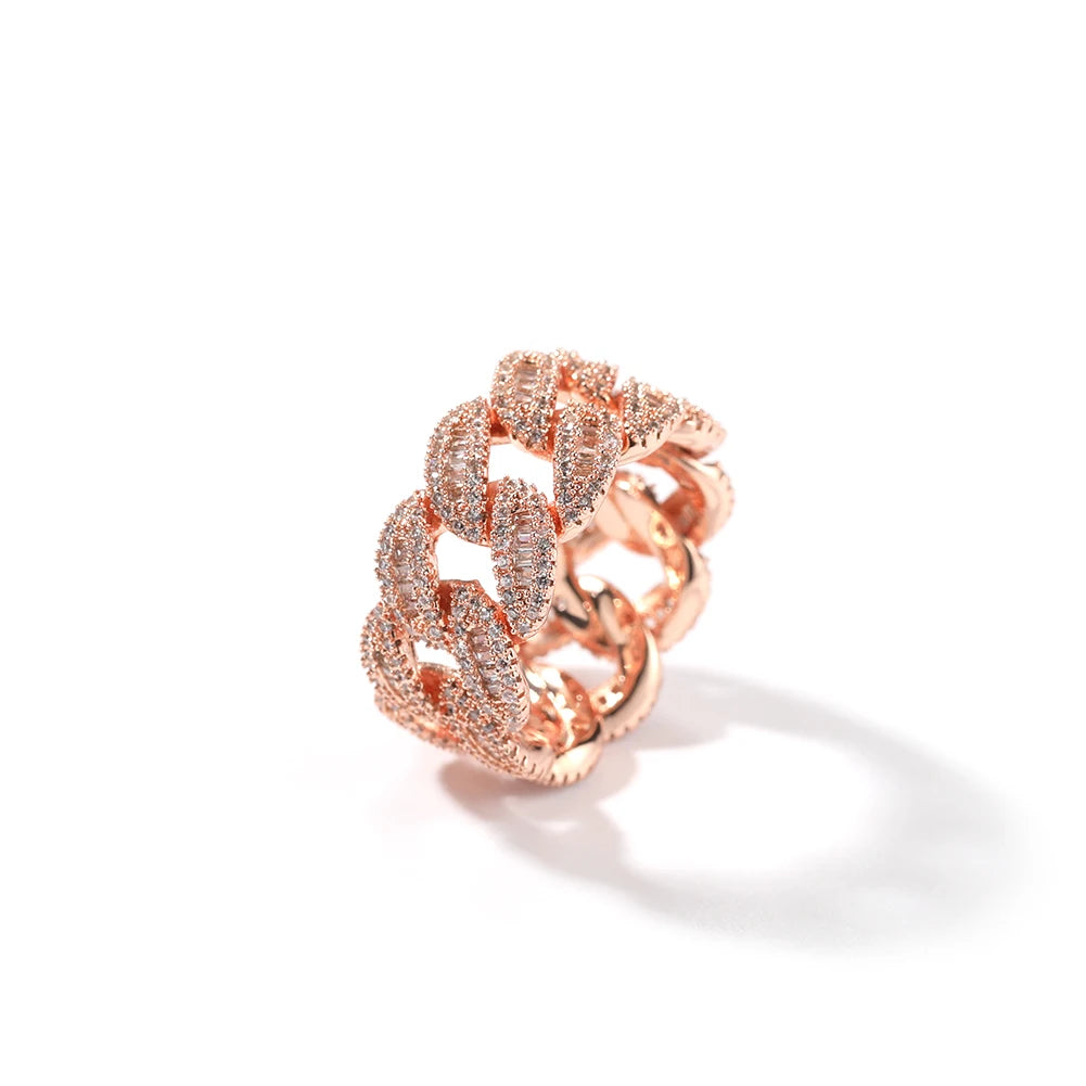 Cuban Link Rings Iced Out Baguettes Ring Zircon Silver Color Ring Jewelry
