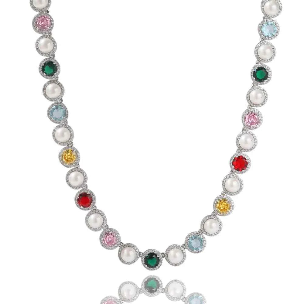 Iced Colorful CZ Chain Bracelets with Spring Clasp for Women Fashionable Round Cut Gemstones Necklaces Jewelry