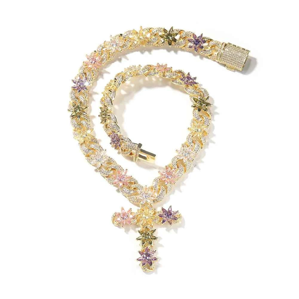 Colorful Flower Cuban Chain Full Paved Iced Out Bling Cubic Zirconia Cross Charms Baguette CZ Cuban Chain