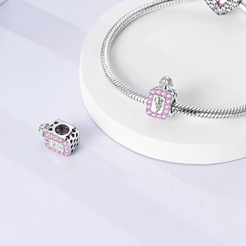 Romantic Pink Crown Perfume Bottle Charms Beads Fit Qikaola Bracelets Fine Jewelry