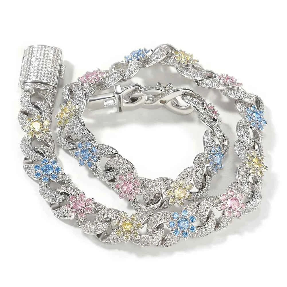 Colorful Flowers Cuban Chain Necklaces for Women Men CZ Infinity Chain Bracelets