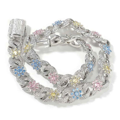 Colorful Flowers Cuban Chain Necklaces for Women Men CZ Infinity Chain Bracelets