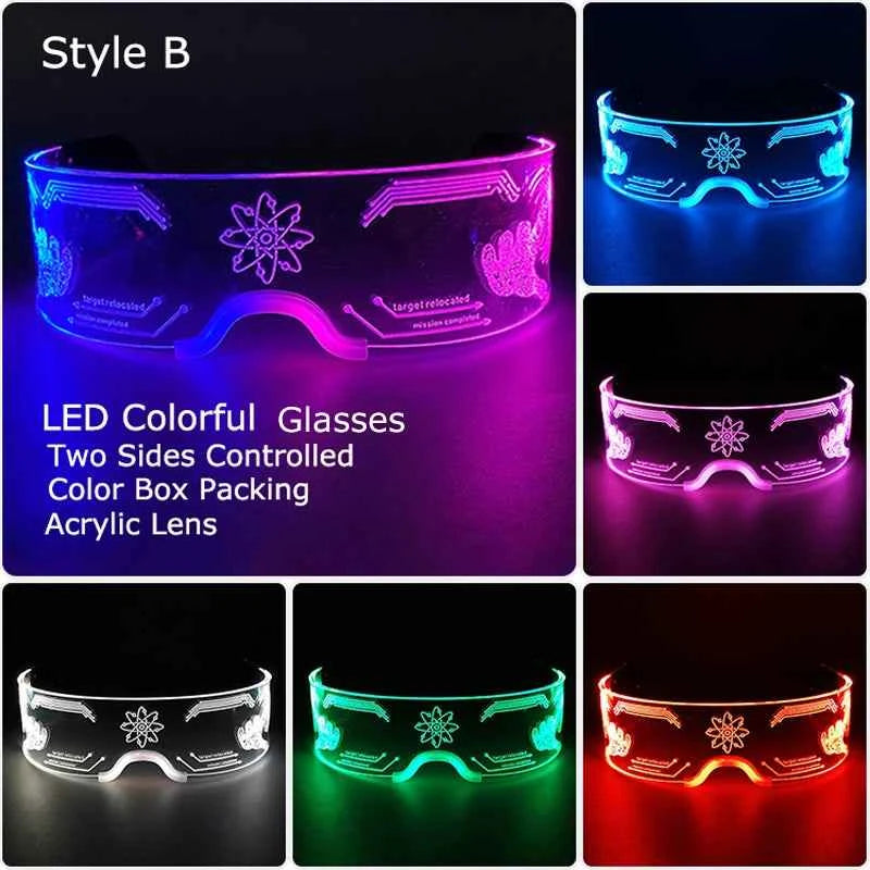 Acrylic LED Luminous Glasses Neon Light-Up Party Eyewear Unisex Glow Sunglasses for DJ Bar Halloween Christmas 12-Hour Glowing