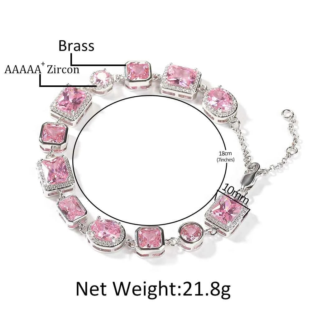 Iced Pink CZ Stones Tennis Bracelets with Extension for Women Slim Chain Bracelets
