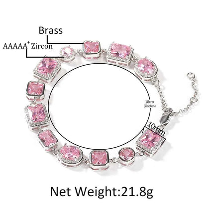 Iced Pink CZ Stones Tennis Bracelets with Extension for Women Slim Chain Bracelets