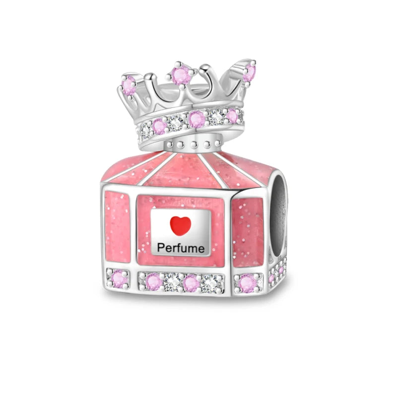 Romantic Pink Crown Perfume Bottle Charms Beads Fit Qikaola Bracelets Fine Jewelry