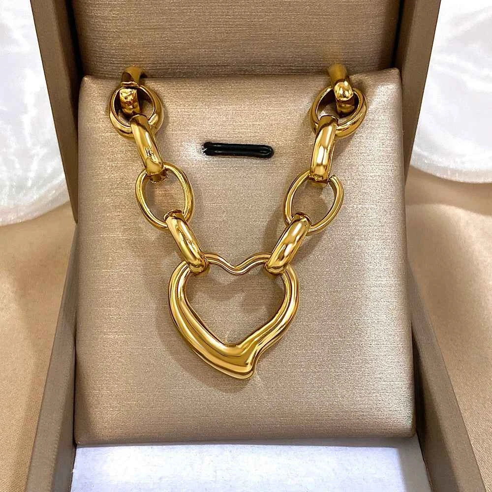 Golden Stainless Steel Irregular Hollow Heart Pendant Necklace