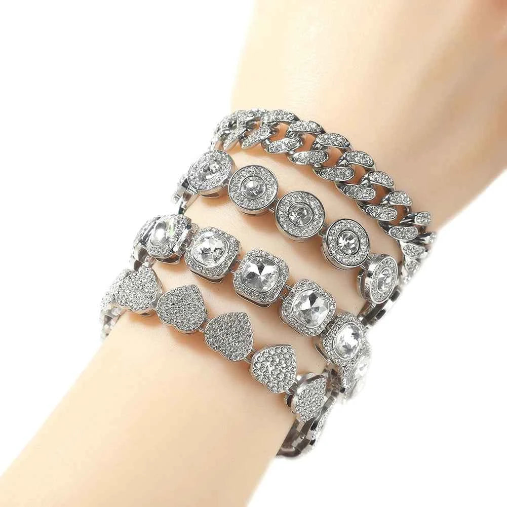 4 Pcs/Set Silver Pink Color Bracelets for Women 7/8 Inches Zinc Alloy Rhinestones Bracelets Set Heart/Round Shape Bracelets