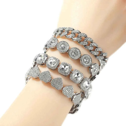 4 Pcs/Set Silver Pink Color Bracelets for Women 7/8 Inches Zinc Alloy Rhinestones Bracelets Set Heart/Round Shape Bracelets