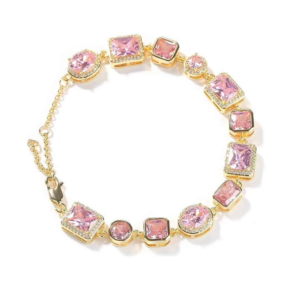 Iced Pink CZ Stones Tennis Bracelets with Extension for Women Slim Chain Bracelets