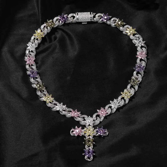 Colorful Flower Cuban Chain Full Paved Iced Out Bling Cubic Zirconia Cross Charms Baguette CZ Cuban Chain