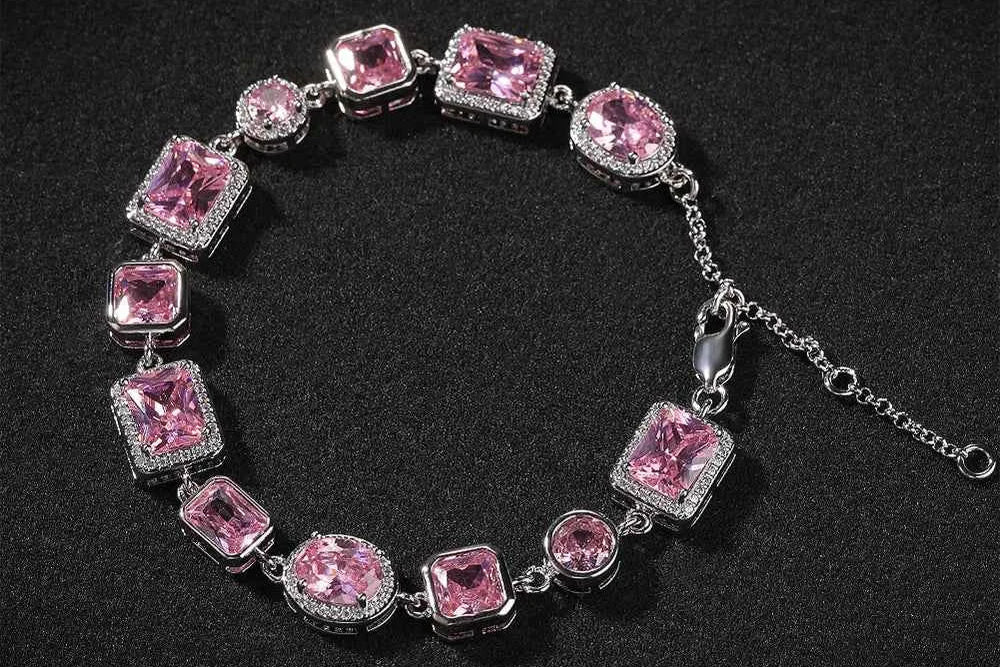 Iced Pink CZ Stones Tennis Bracelets with Extension for Women Slim Chain Bracelets