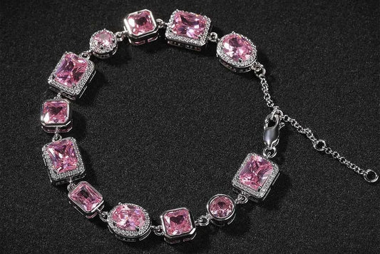 Iced Pink CZ Stones Tennis Bracelets with Extension for Women Slim Chain Bracelets
