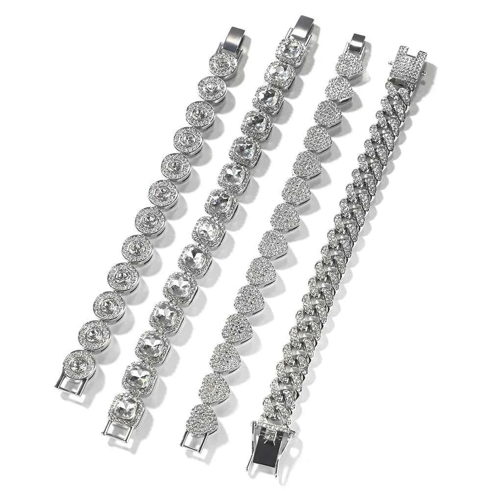 4 Pcs/Set Silver Pink Color Bracelets for Women 7/8 Inches Zinc Alloy Rhinestones Bracelets Set Heart/Round Shape Bracelets