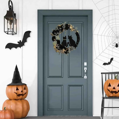 Black Cat Wreath Halloween Decor for Front Door/Window