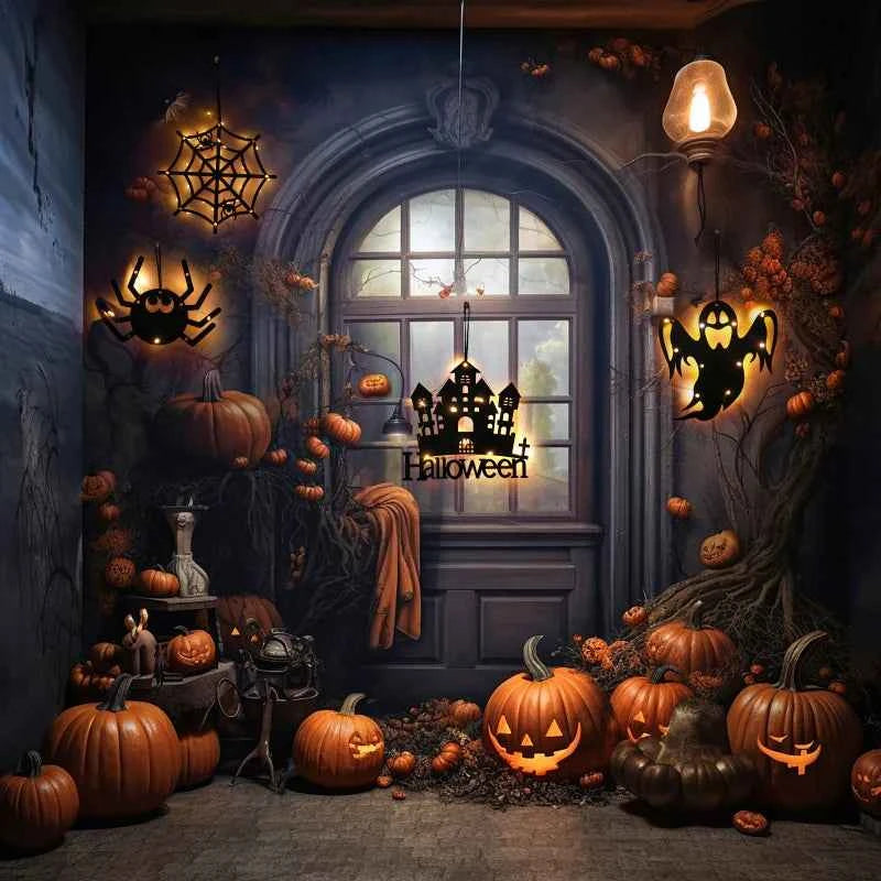 Halloween Hanging 10LED Castle Witch Ghost Spider Web Luminous Charm Indoor Outdoor Party Horror Props Decoration