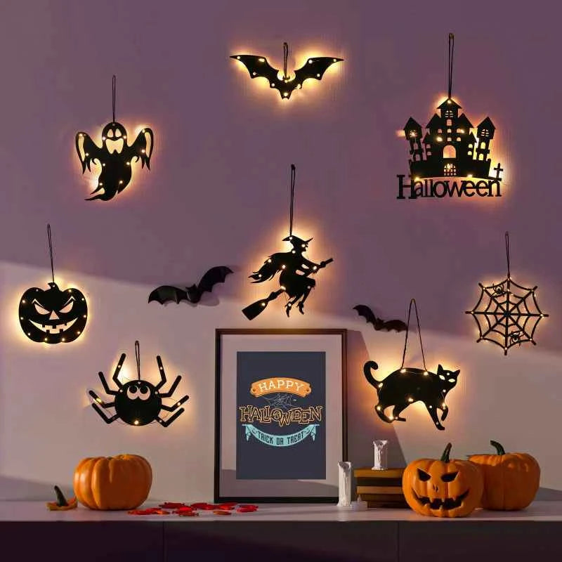 Halloween Hanging 10LED Castle Witch Ghost Spider Web Luminous Charm Indoor Outdoor Party Horror Props Decoration