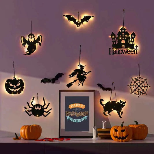 Halloween Hanging 10LED Castle Witch Ghost Spider Web Luminous Charm Indoor Outdoor Party Horror Props Decoration