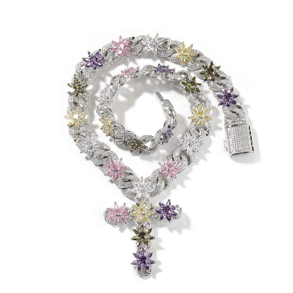 Colorful Flower Cuban Chain Full Paved Iced Out Bling Cubic Zirconia Cross Charms Baguette CZ Cuban Chain