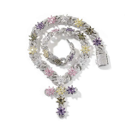 Colorful Flower Cuban Chain Full Paved Iced Out Bling Cubic Zirconia Cross Charms Baguette CZ Cuban Chain