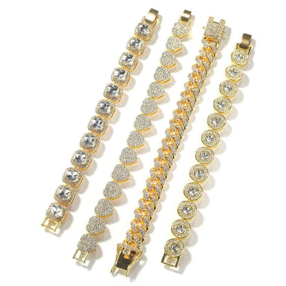 4 Pcs/Set Silver Pink Color Bracelets for Women 7/8 Inches Zinc Alloy Rhinestones Bracelets Set Heart/Round Shape Bracelets